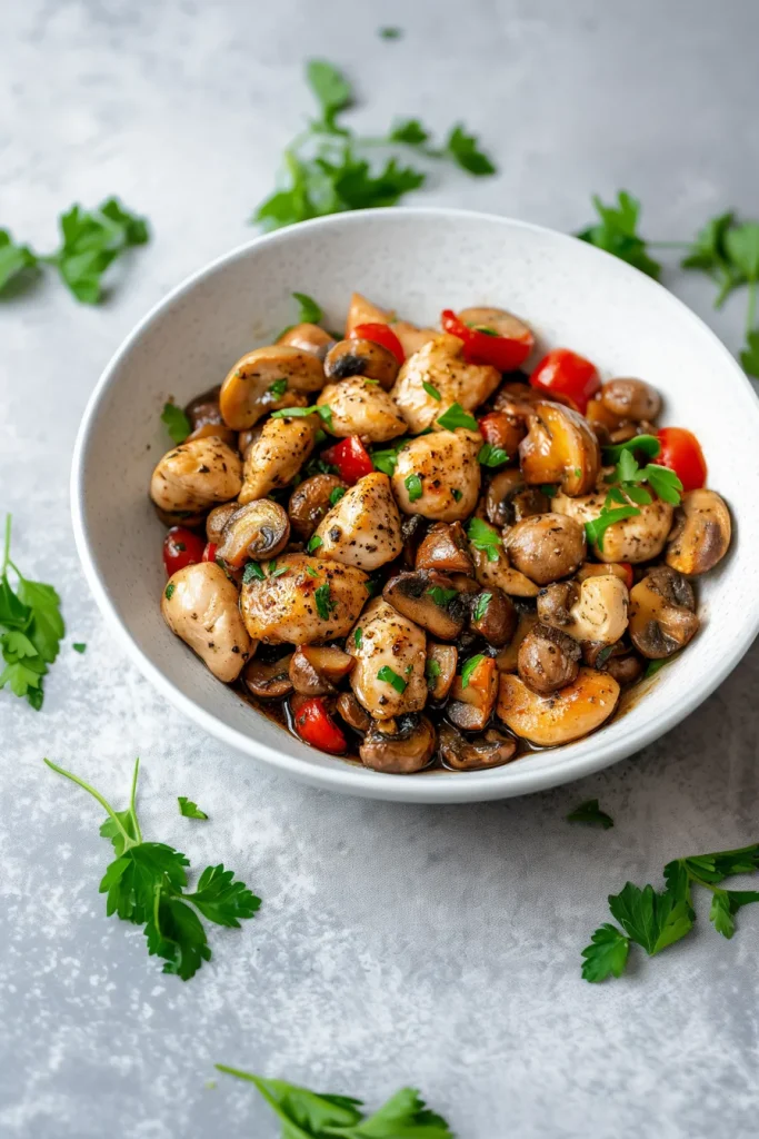 Hearty dish of chicken and mushrooms with vibrant colors and pepper seasoning.