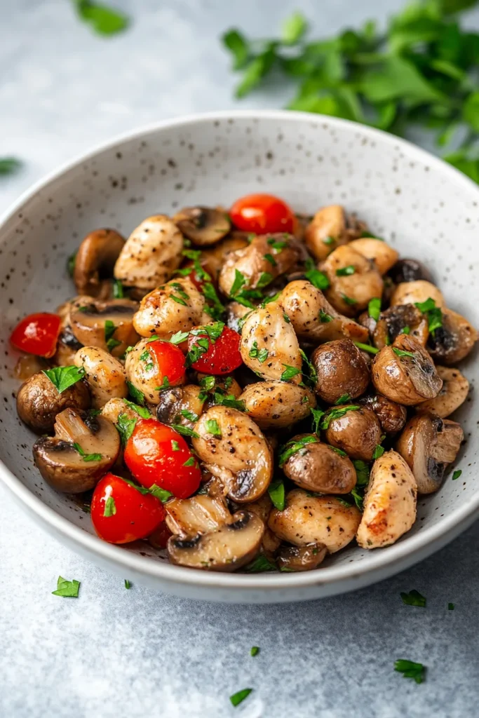 Rustic bowl of seasoned chicken and vegetables, sprinkled with fresh herbs.