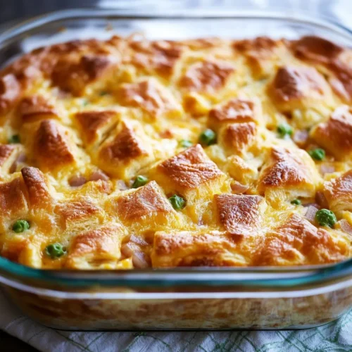 Close-up of creamy breakfast casserole showing layers of ham, cheese, and crescent rolls.