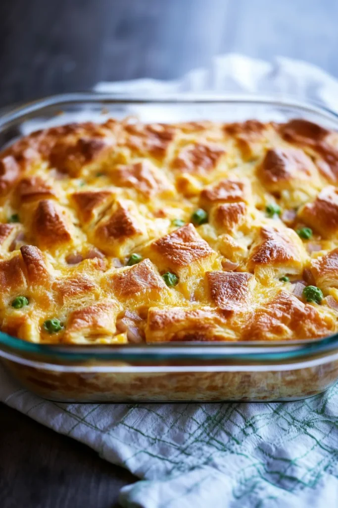Close-up of creamy breakfast casserole showing layers of ham, cheese, and crescent rolls.