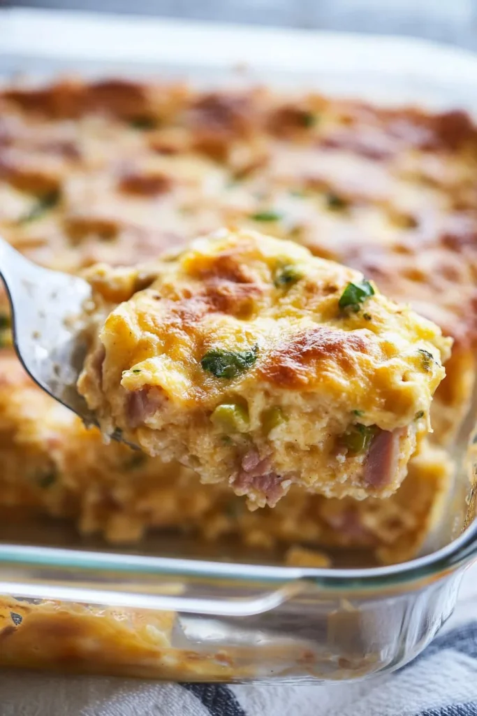 Golden baked casserole with melted cheese and herbs, a square portion lifted out.