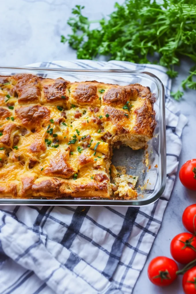 Glass baking dish filled with golden casserole, surface crisp and lightly browned.