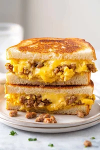 Stacked grilled cheese sandwich with melted cheddar and seasoned beef filling on a white plate.