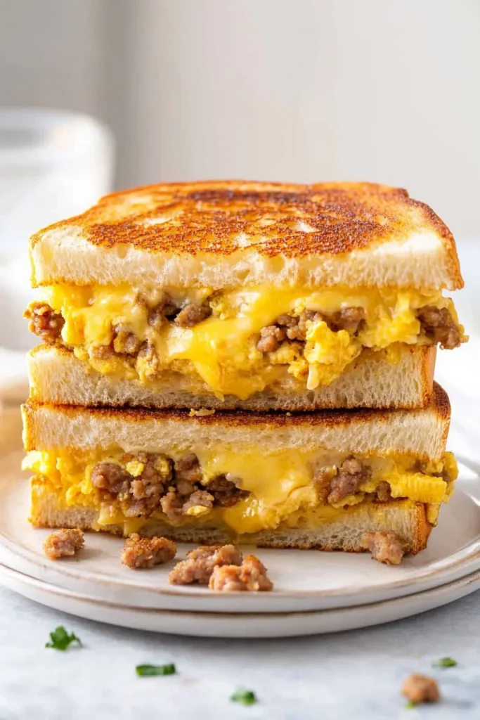 Stacked grilled cheese sandwich with melted cheddar and seasoned beef filling on a white plate.
