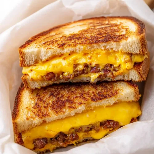 Grilled cheese halves arranged neatly, highlighting golden toast and rich cheesy layers.