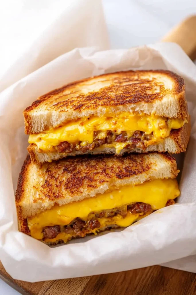 Grilled cheese halves arranged neatly, highlighting golden toast and rich cheesy layers.