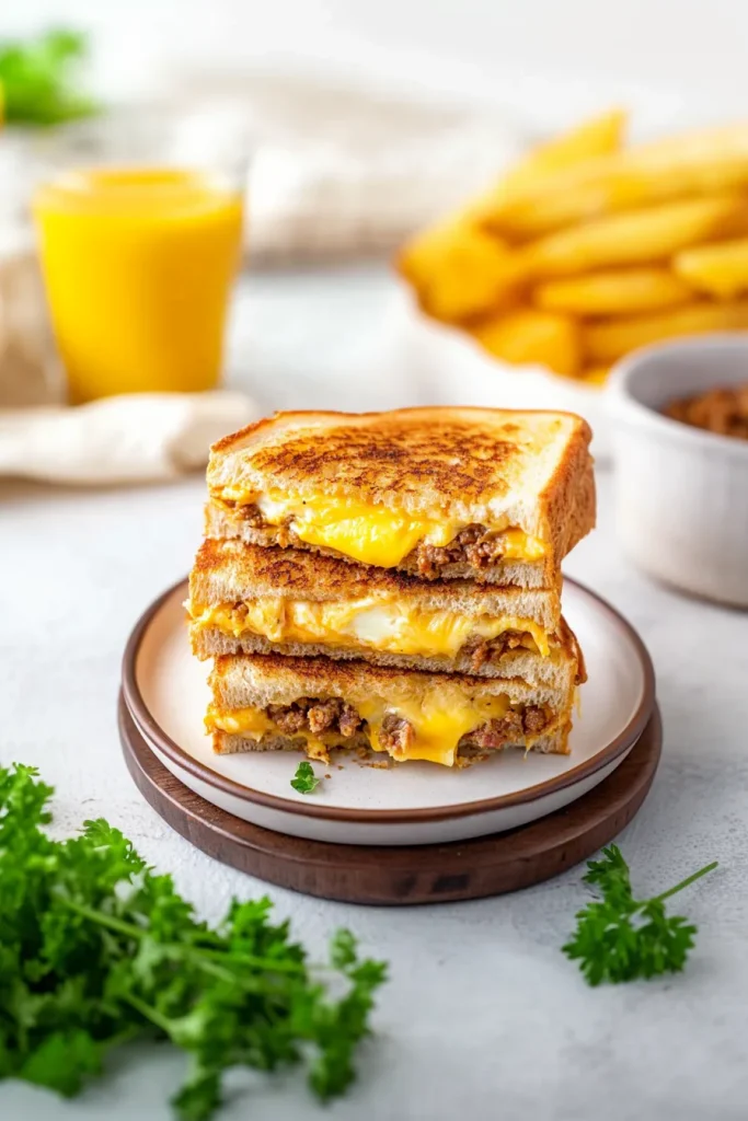 Golden toasted bread layered with gooey cheese and ground beef, served alongside fries and juice.