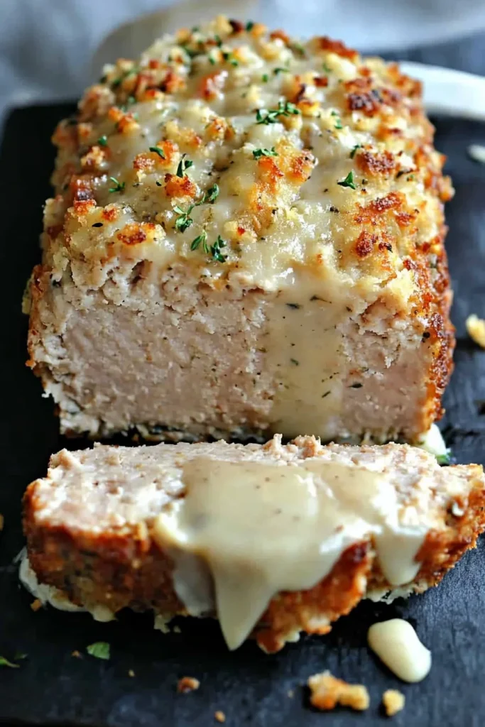 Whole baked meatloaf with golden crust and herbs, presented with a rich cream sauce.