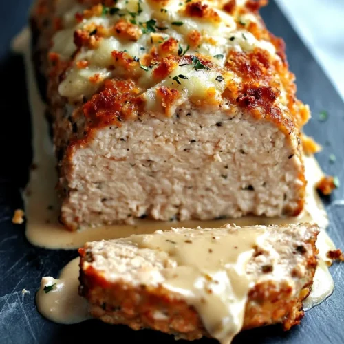 Golden meatloaf topped with melted cheese and creamy sauce, sliced to show tender layers.