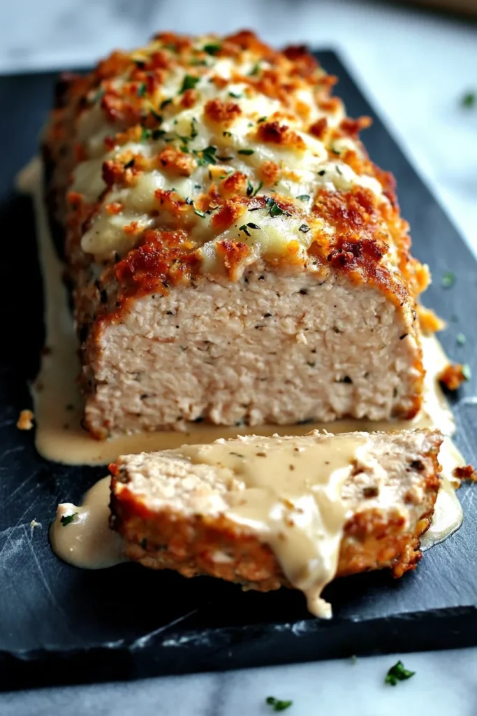 Golden meatloaf topped with melted cheese and creamy sauce, sliced to show tender layers.