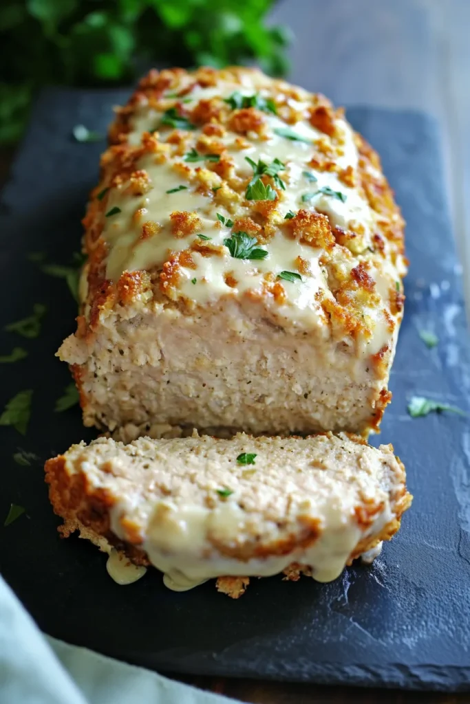 Sliced meatloaf highlighting moist interior and gooey cheese topping, served with sauce.