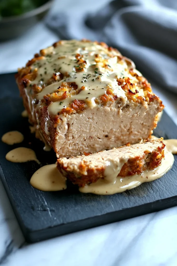 Final plated meatloaf garnished with herbs, creamy sauce pooling around the cut slice.