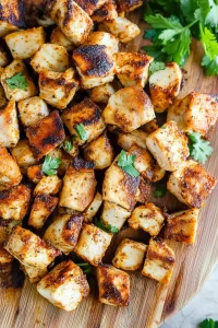 Tender chicken bites arranged neatly, with bright green cilantro adding contrast.