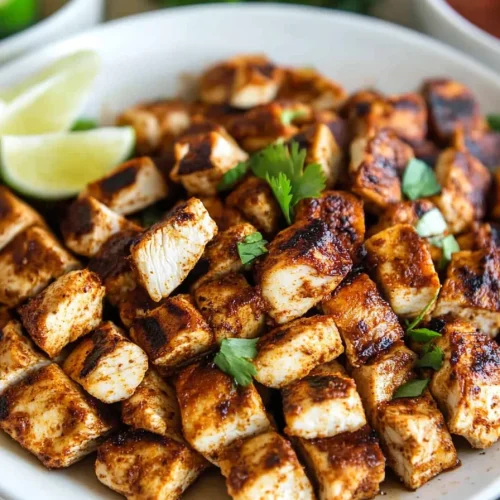Golden-brown chicken cubes with a smoky spice crust, garnished with cilantro and lime wedges.