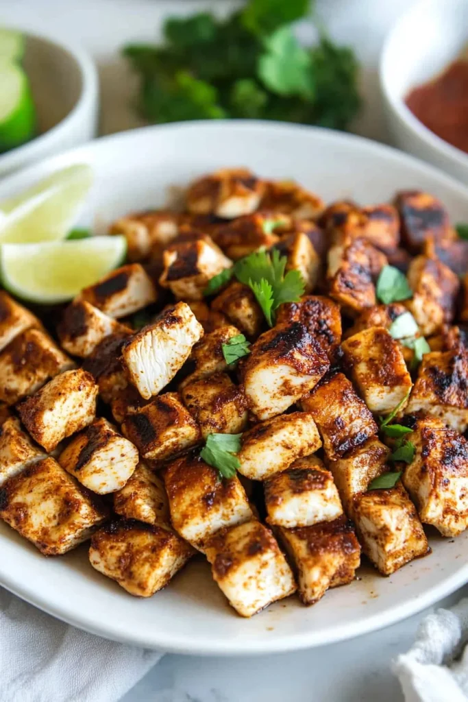 Golden-brown chicken cubes with a smoky spice crust, garnished with cilantro and lime wedges.