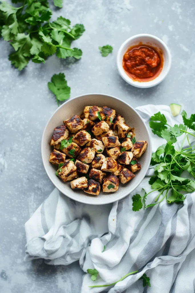 Overhead view highlighting juicy chicken chunks coated in reddish-brown seasoning.