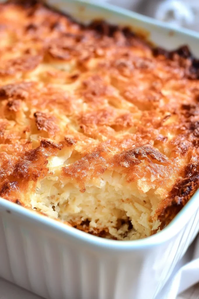 Close-up of moist pudding topped with toasted coconut flakes.