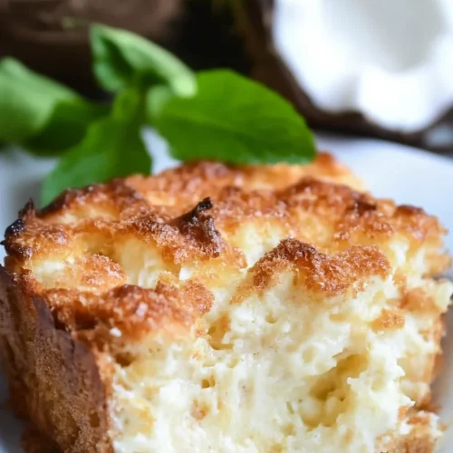 Warm bread pudding garnished with mint leaves for a tropical touch.