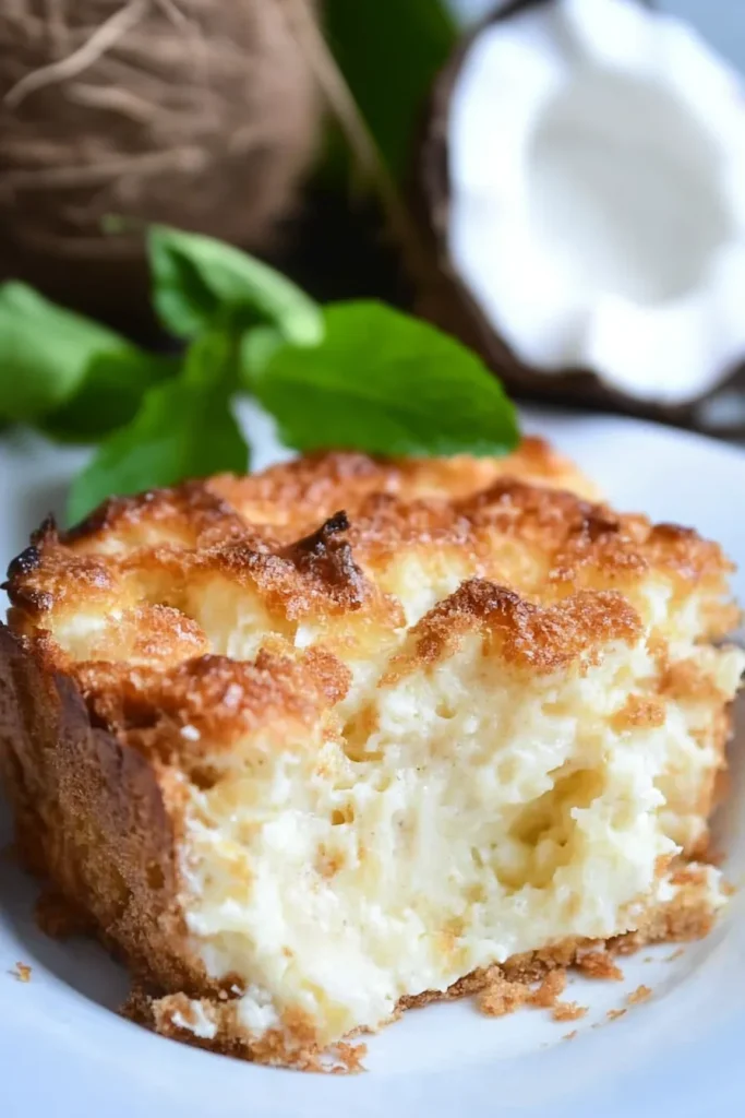 Warm bread pudding garnished with mint leaves for a tropical touch.