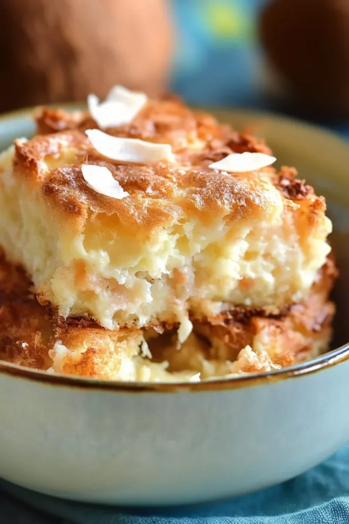 Dessert slice showing rich custard texture beside fresh coconut halves.