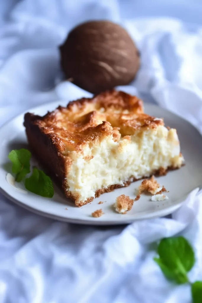 Slice of creamy bread pudding with golden crust, served on a white plate.