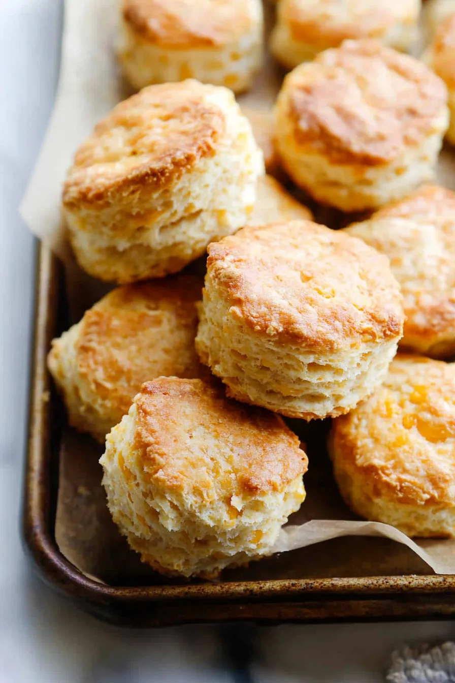Golden-brown biscuits with flaky layers on a parchment-lined tray.