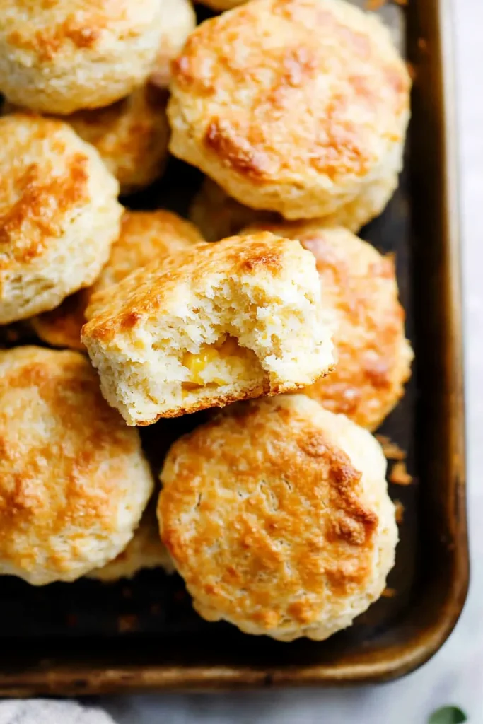 Close-up of warm biscuits highlighting their textured crust.