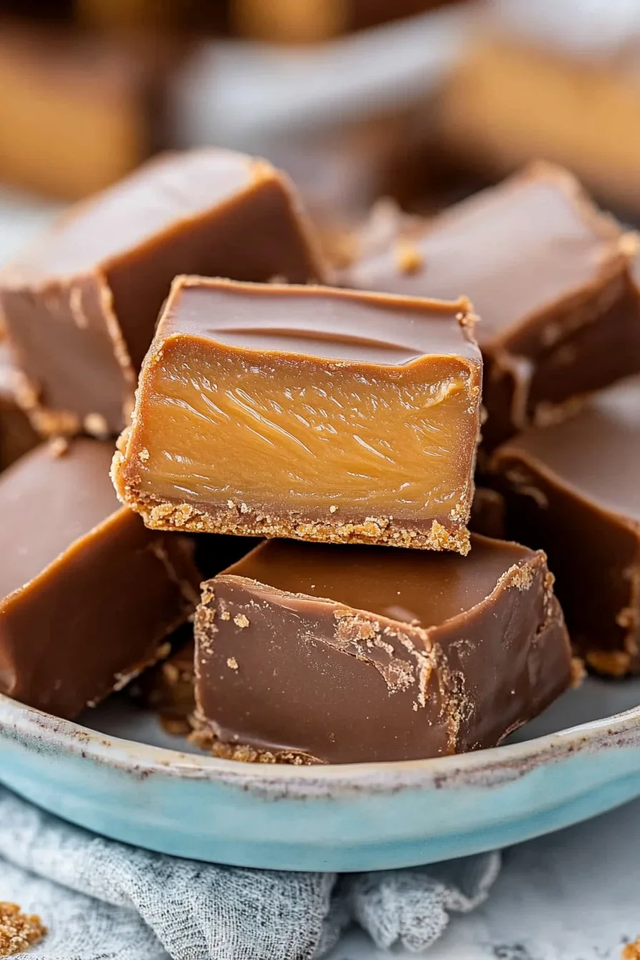 Stacked chocolateโcovered caramel squares on a ceramic plate, glossy and rich in texture.