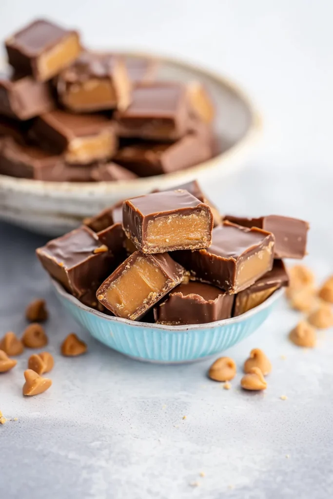 Golden caramel squares wrapped in glossy chocolate, highlighting chewy and creamy layers.