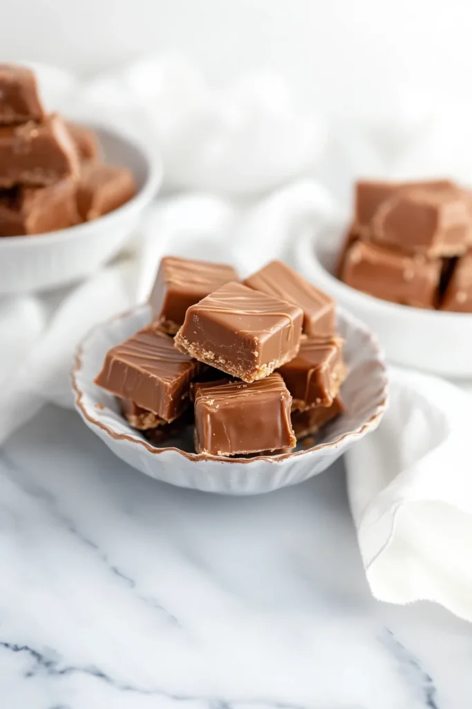 Indulgent caramel fudge pieces topped with chocolate, arranged neatly for serving.