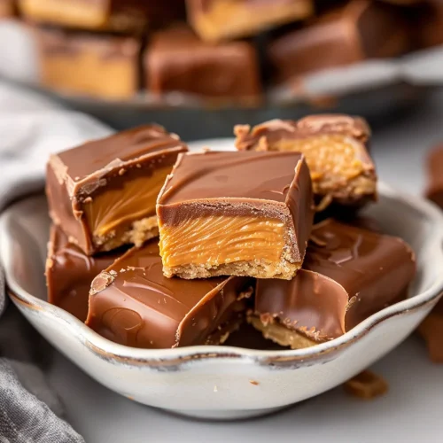 Final plated dessert squares with shiny chocolate exterior and creamy filling inside.