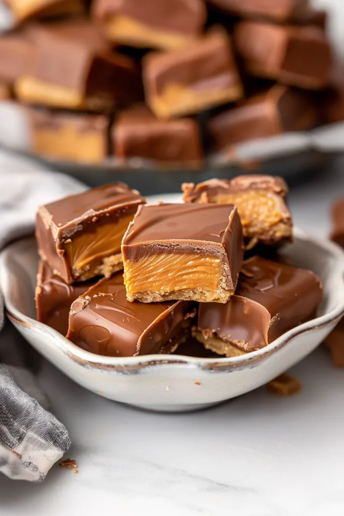 Final plated dessert squares with shiny chocolate exterior and creamy filling inside.