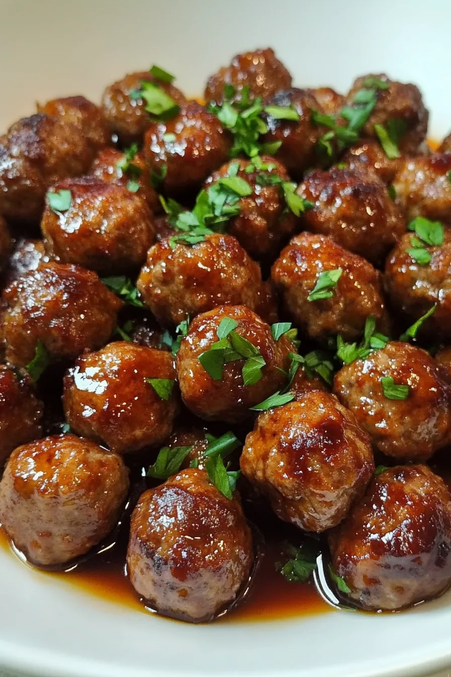 Final presentation of meatballs in dark sauce with green garnish.