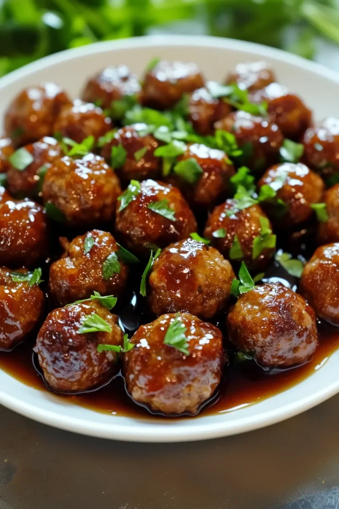 Tender meatballs covered in rich glaze, styled for a recipe photo.