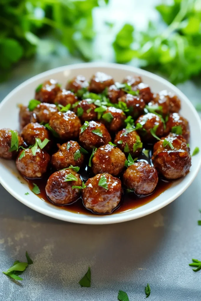 Bowl of saucy meatballs with herbs sprinkled on top, ready to eat.