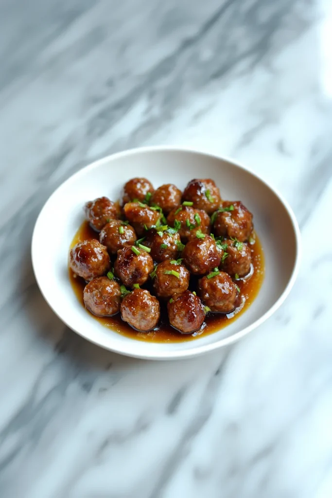 Golden-brown meatballs coated in a shiny maple mustard sauce, served warm.