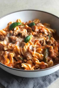 Freshly prepared pasta served in a white bowl, garnished with basil leaves for a bright finish.