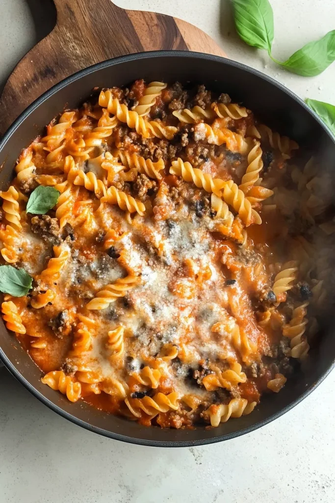 Rustic pasta plate highlighting the contrast of creamy cheese, red sauce, and green herbs.