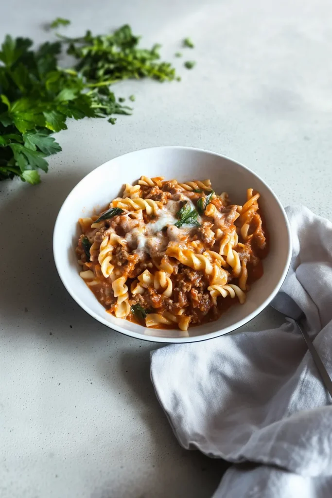 Comforting homemade pasta dish with golden melted cheese and vibrant tomato base.