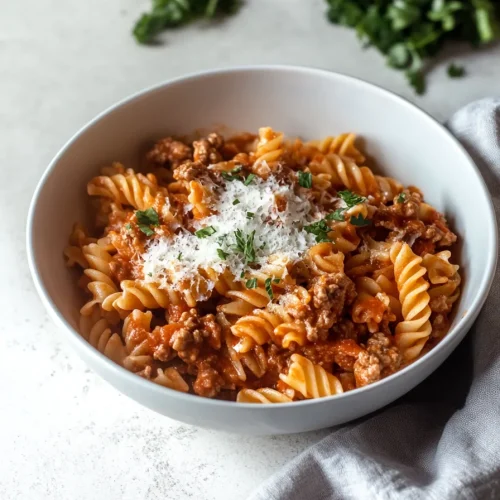 A hearty bowl of rotini pasta topped with rich tomato meat sauce, melted cheese, and fresh basil.