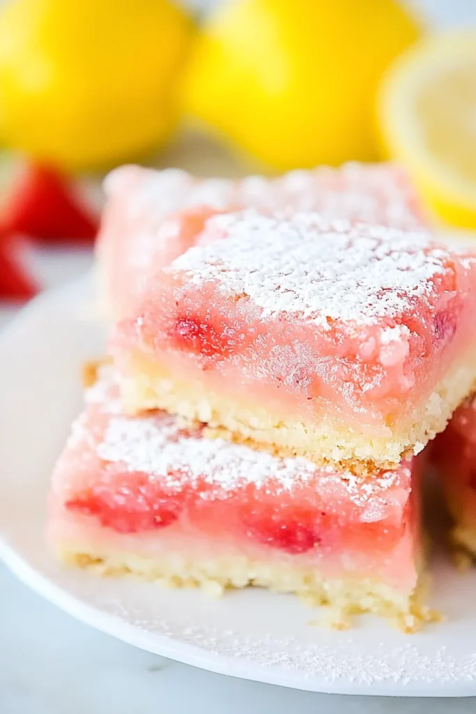 Bright layered bars served with whole lemons and strawberries in the background.