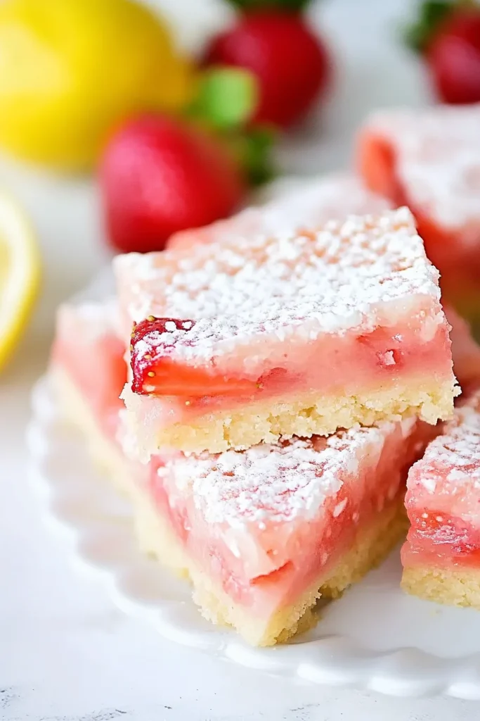 Golden crust topped with vibrant strawberry layer and sugar finish.