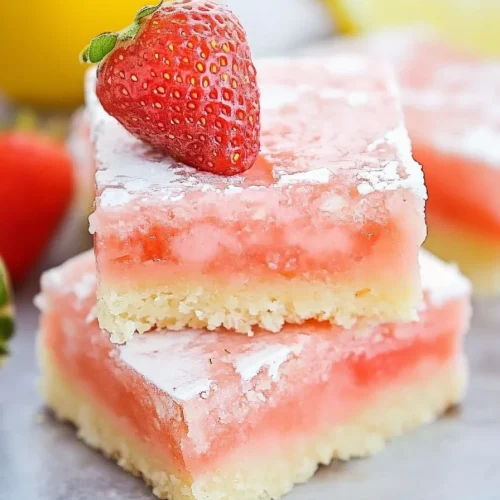 Stacked dessert bars with pink filling and powdered sugar topping.