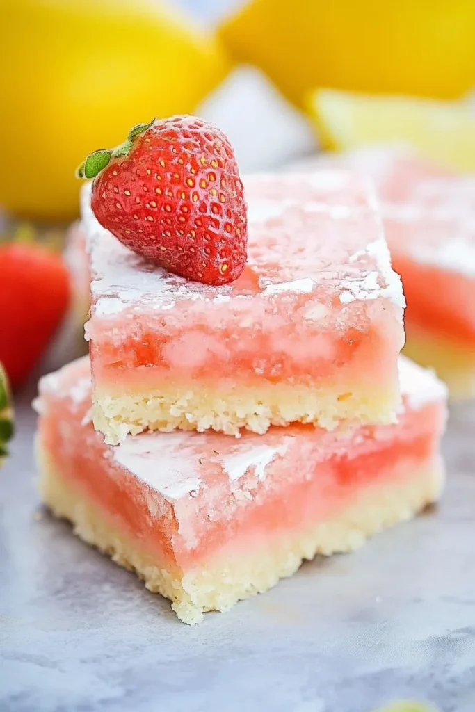 Stacked dessert bars with pink filling and powdered sugar topping.