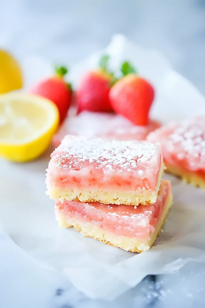 Tangy lemon and strawberry bars on parchment with sugar dusting.