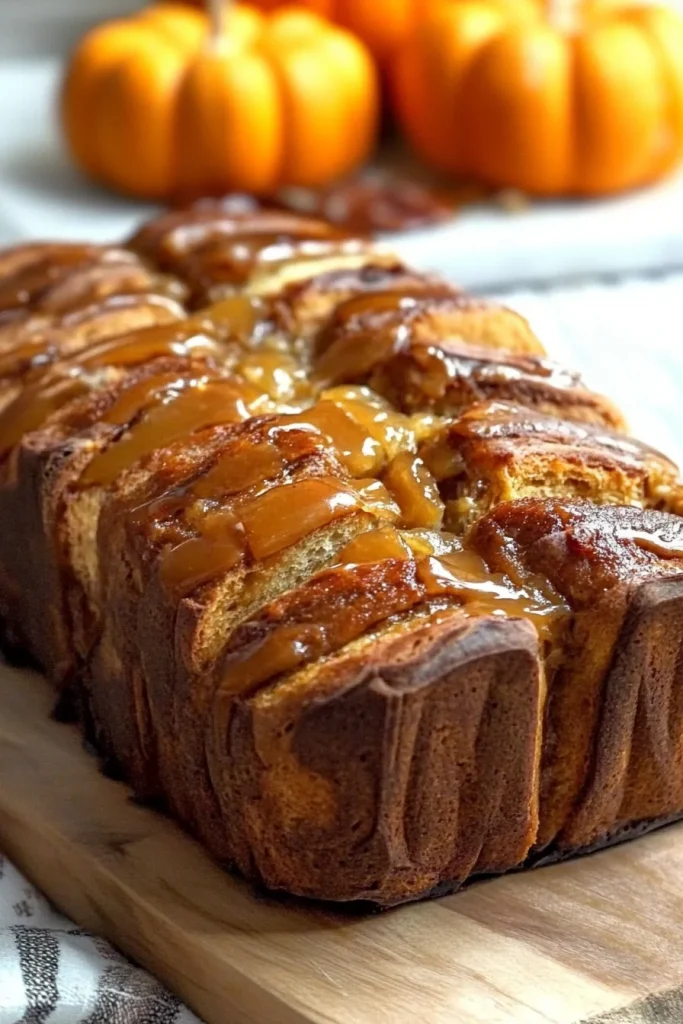 Golden pull-apart bread with glossy cinnamon glaze on a wooden board.