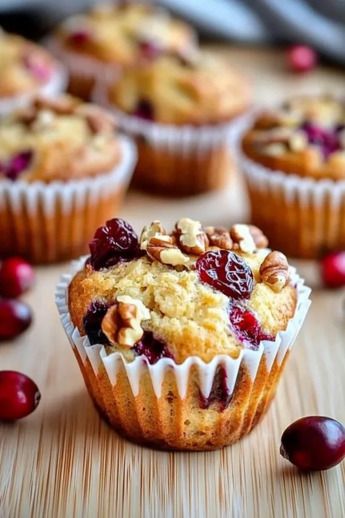 Golden muffin topped with pecans and cranberries in a paper liner.