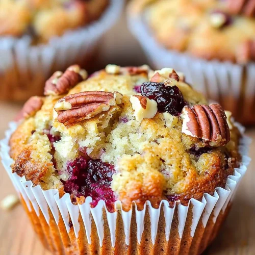 Close-up of a baked muffin with nuts and dried fruit on a rustic surface.