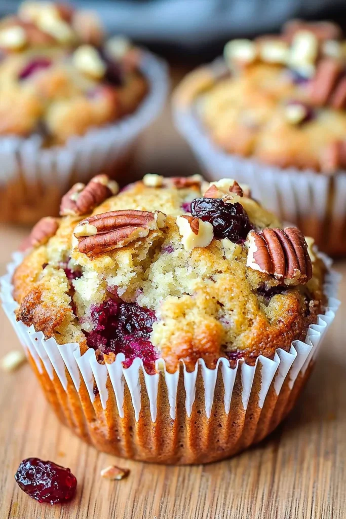 Close-up of a baked muffin with nuts and dried fruit on a rustic surface.