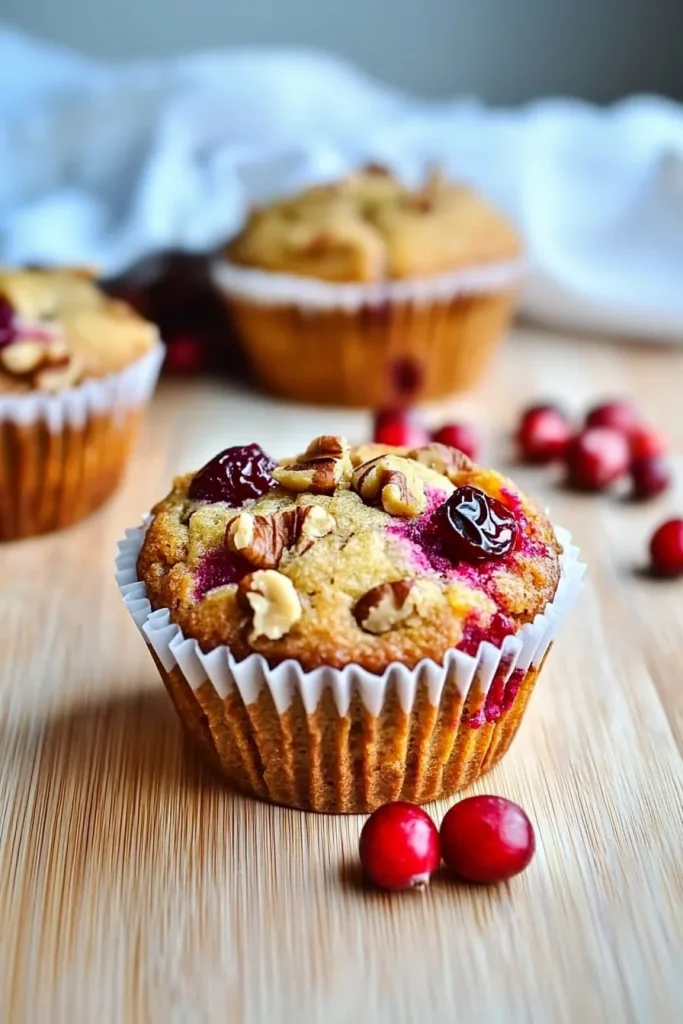 Freshly baked muffin with a crisp top and colorful cranberry pieces.